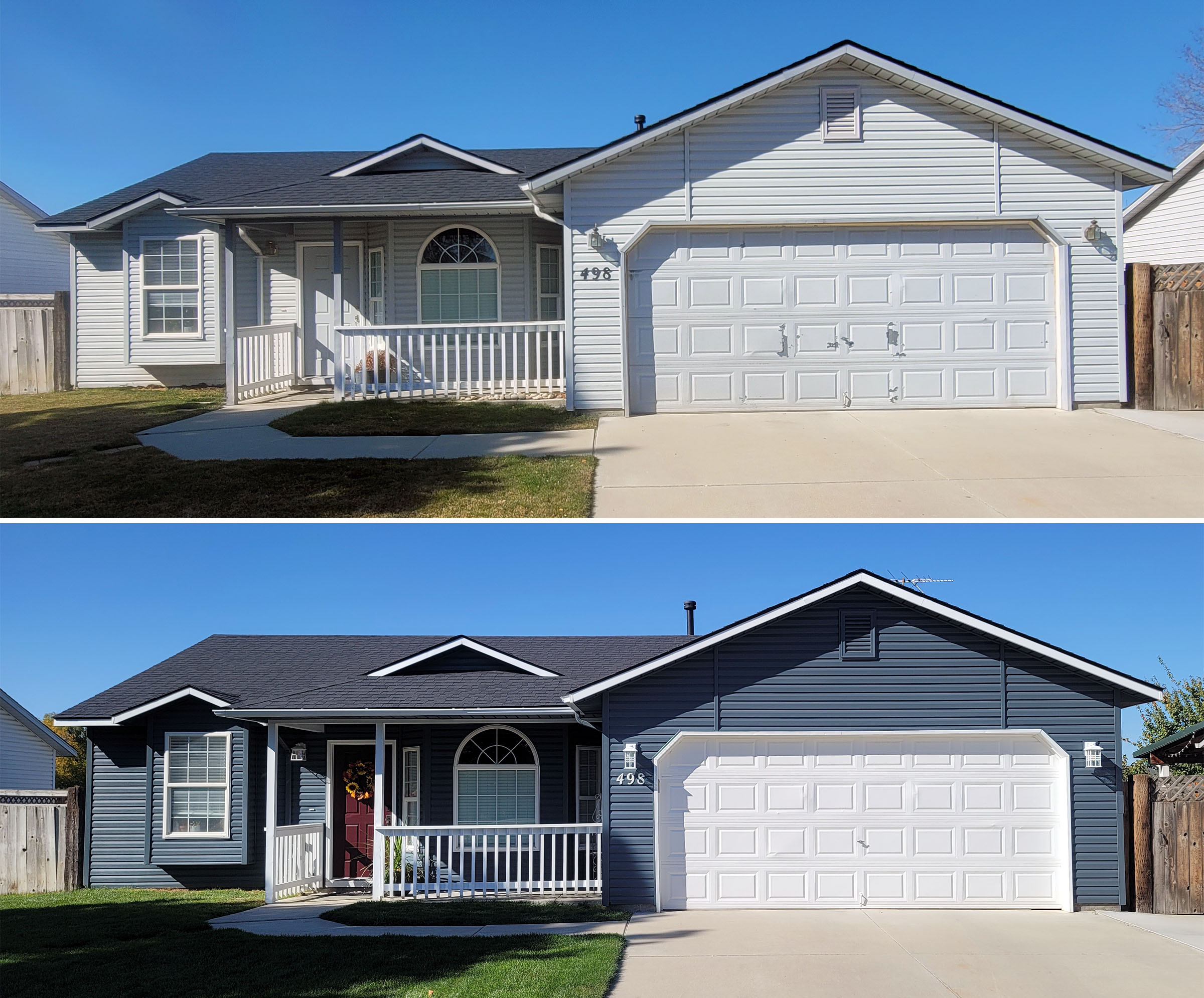 A before and after picture of a house I painted